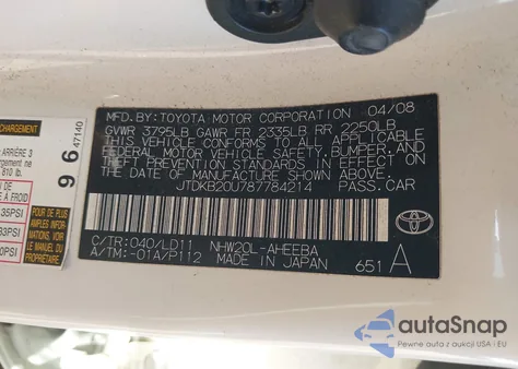 2008 Toyota Prius Touring z USA, uszkodzony, nr VIN JTDKB20U787784214